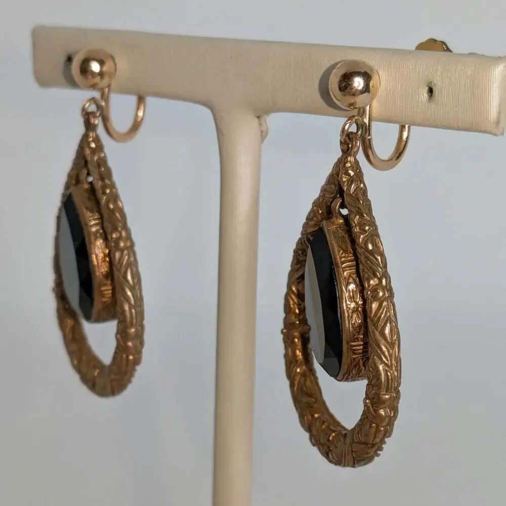 Stephen Dweck Black Onyx Etched Bronze Gold Teardrop Dangle Clip GF Earrings - Picture 2 of 7